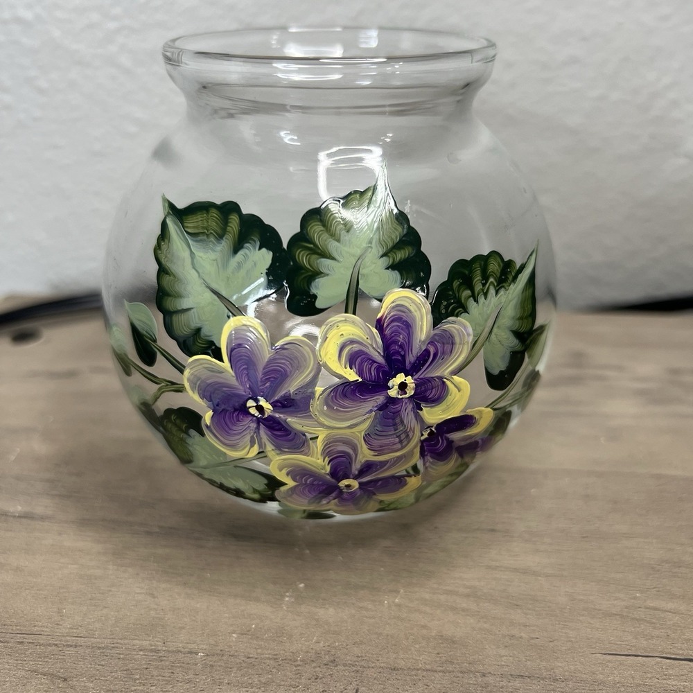 Hand Painted Glass Globe Candle/Votive Holder Vase Pansy-like‎ Flowers Vintage